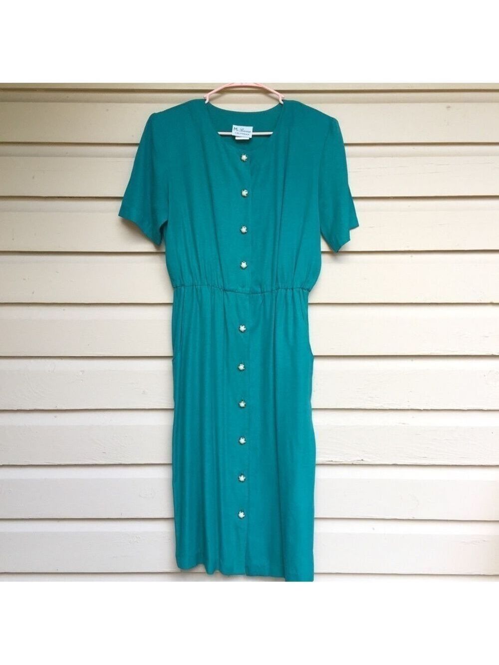 Vintage 80s Dress Teal Short Sleeve Buttons Medium